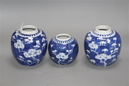 Three Chinese blue and white prunus jars, early 20th century, H. 9 -12.5cm